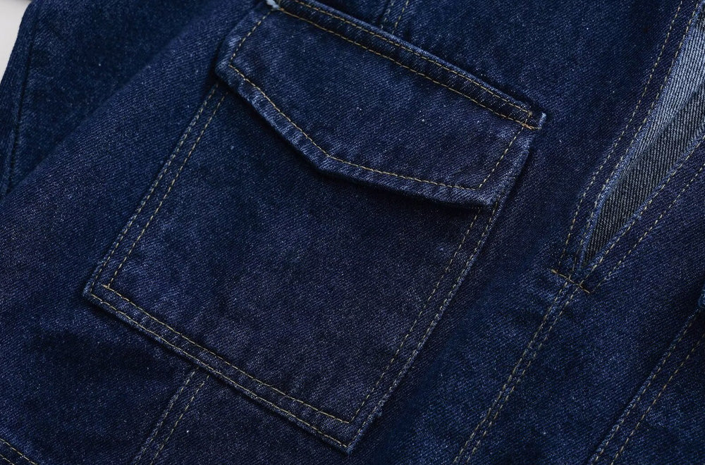 Zweiteiliger Vintage-Denim-Anzug mit Revers-Mantel und Jeans mit weitem Bein