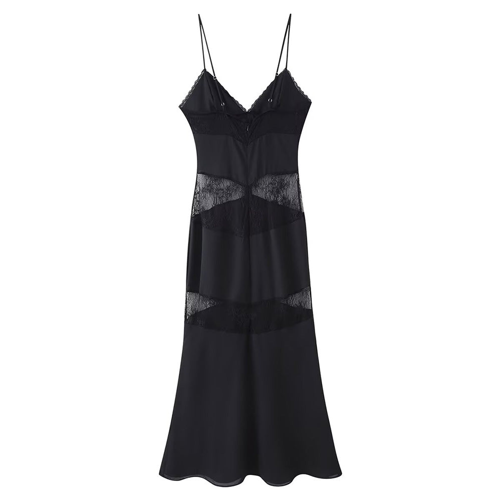 Langes Spitzenkleid mit V-Ausschnitt und Neckholder