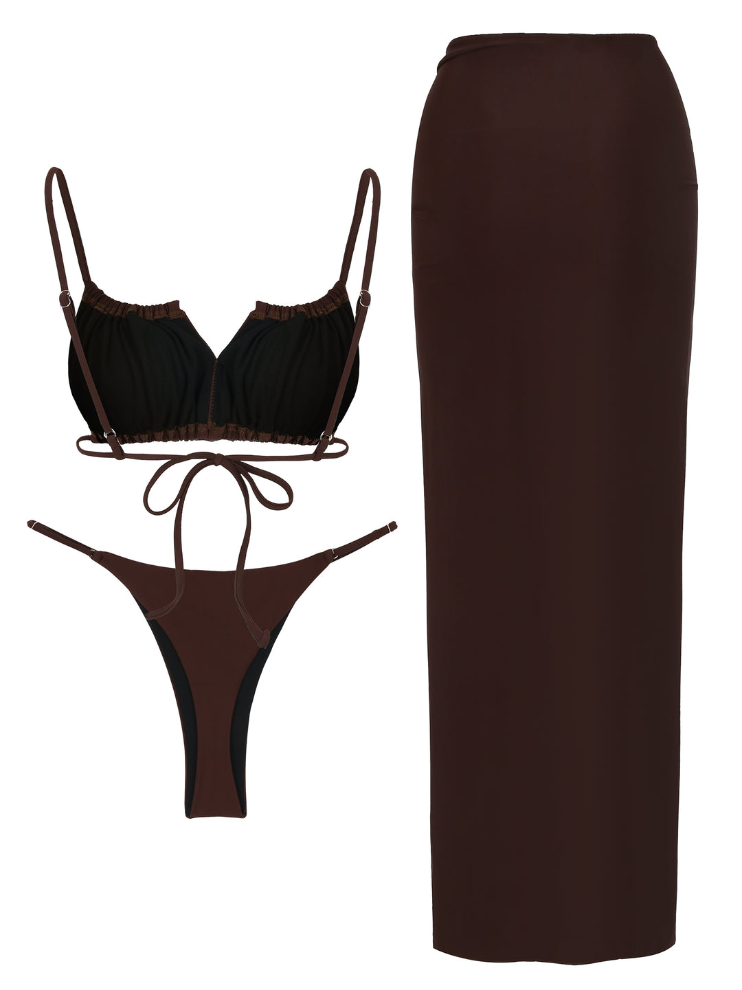 3-teiliges Bikini-Set mit Rüschen und langem Rock