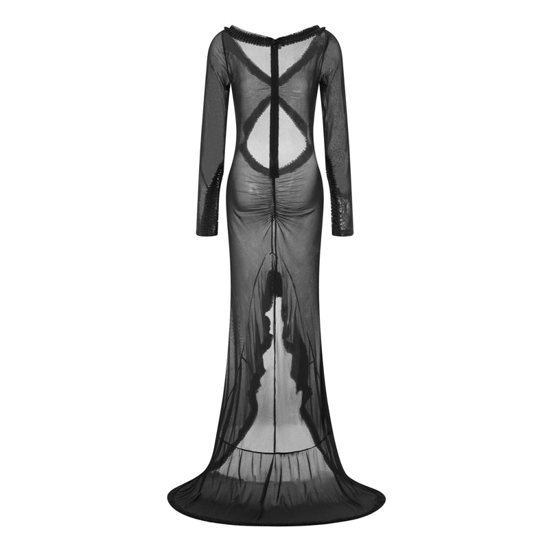 Elegantes Mesh-Maxikleid mit V-Ausschnitt und langen Ärmeln