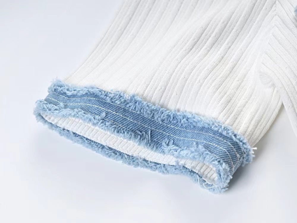 Langes Strickkleid im französischen Stil mit Denim-Optik