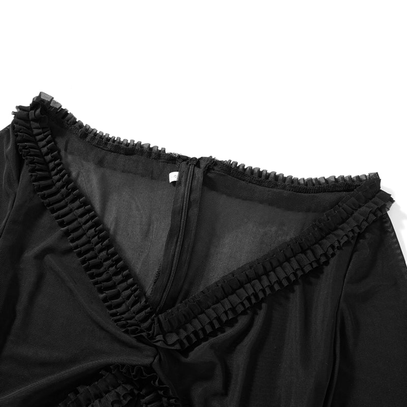 Elegantes Mesh-Maxikleid mit V-Ausschnitt und langen Ärmeln